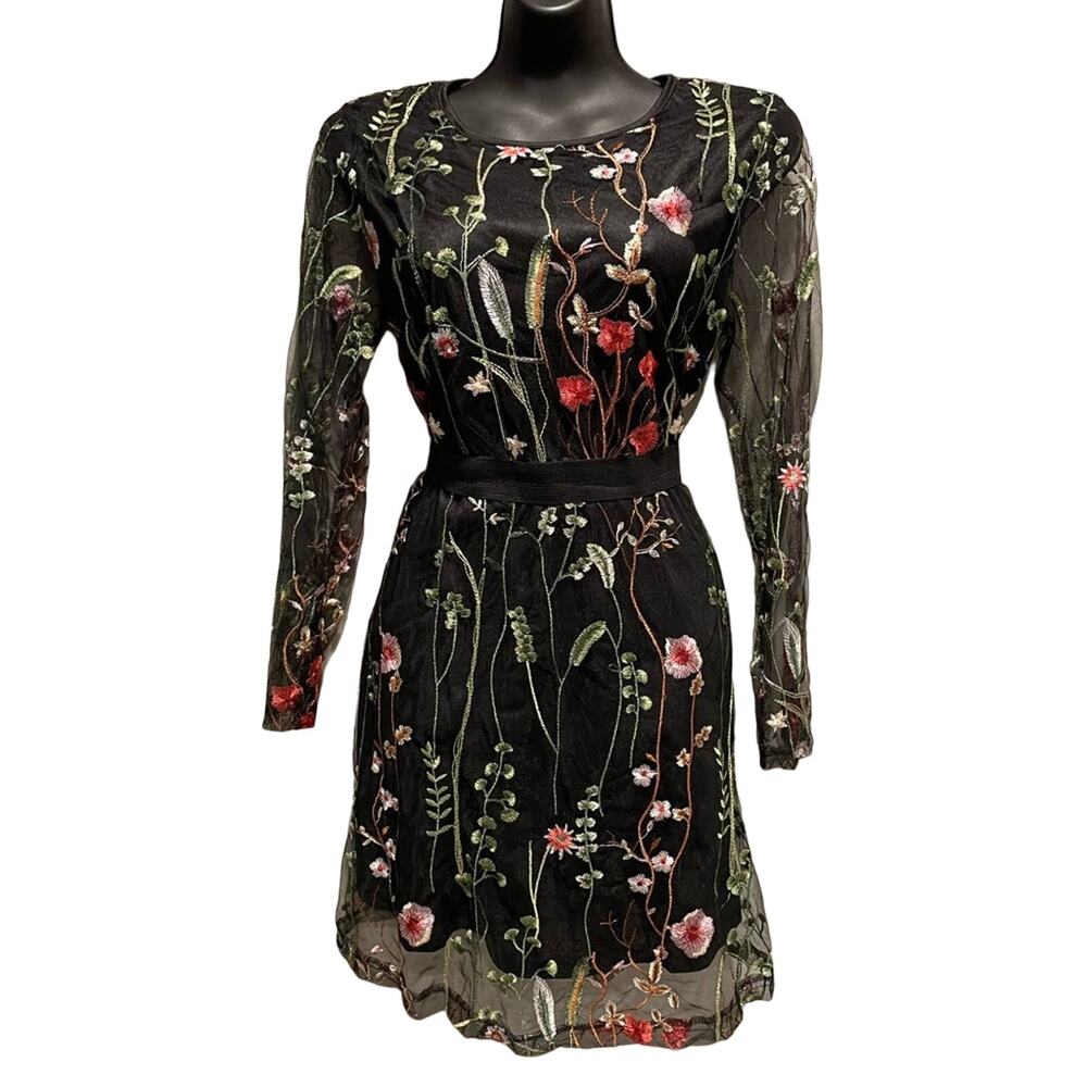 Black Dress with Sheer Overlay & Embroidered Floral Pattern - Size Medium